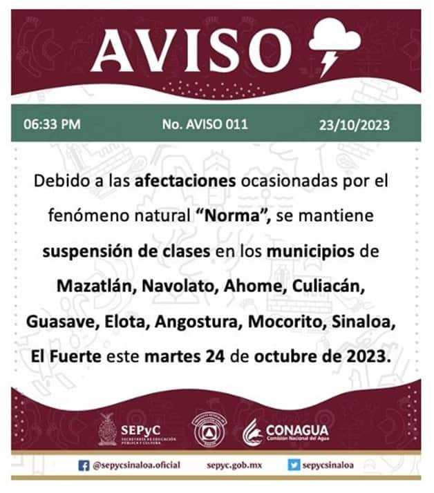 Se Suspenden Clases En 11 Municipios De Sinaloa Por Afectaciones De