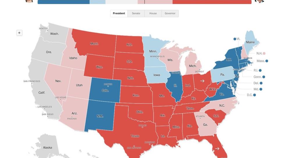 Hasta el momento Trump gana en 19 estados y Clinton en 12