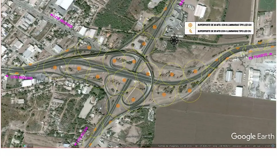 Inicia instalación de luminarias en el acceso norte a Los Mochis