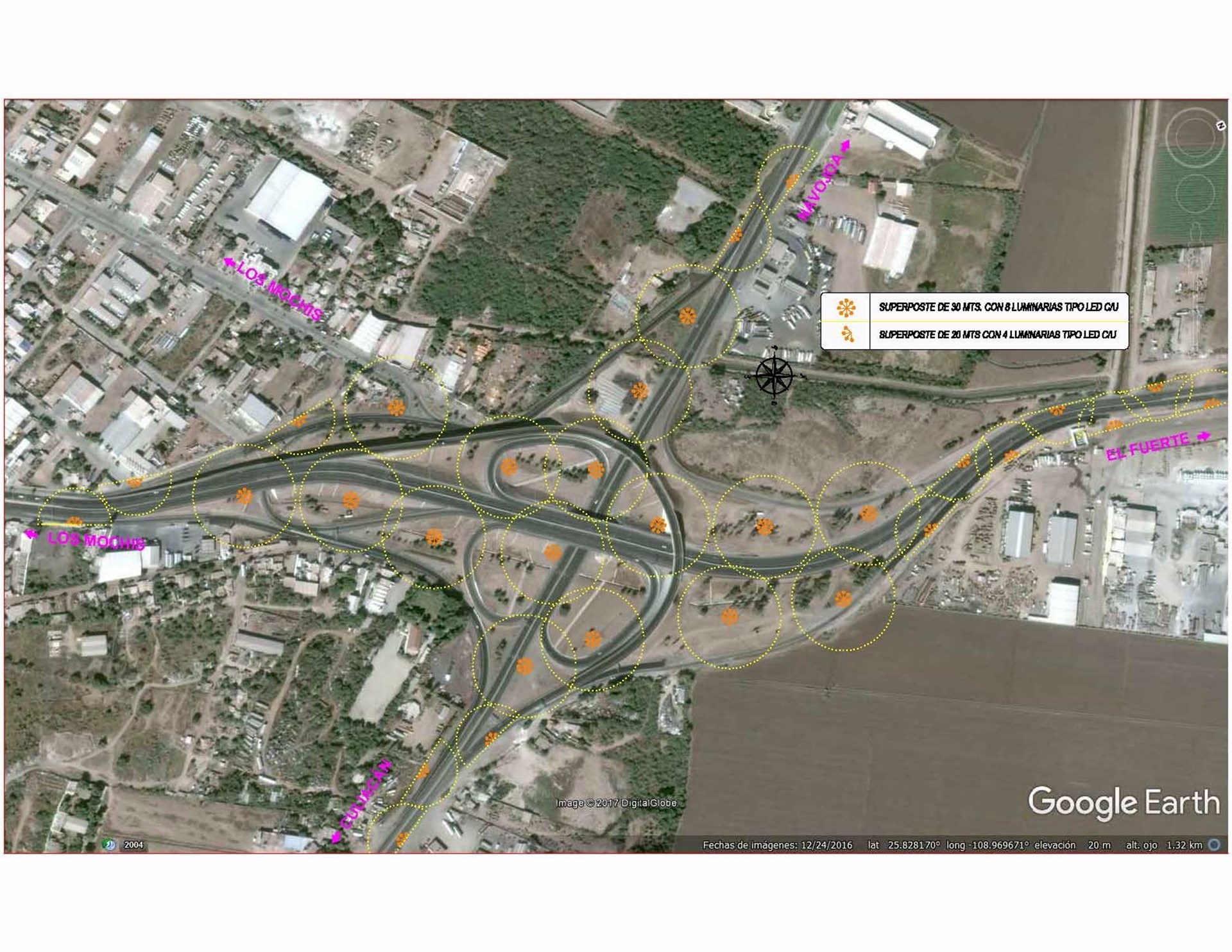 Inicia este martes instalación de luminarias en el acceso norte de Los Mochis