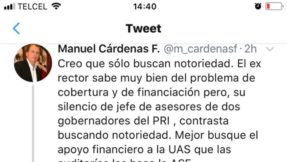 Cárdenas Fonseca defiende a la UAS en redes sociales