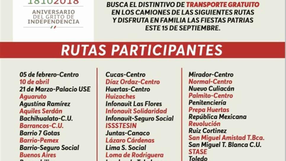 Este 15 de septiembre, 55 rutas de transporte gratuito en Culiacán