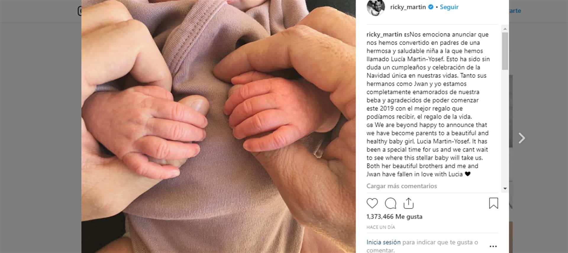 Ricky Martin recibe el 2019 con su nueva hija Lucía