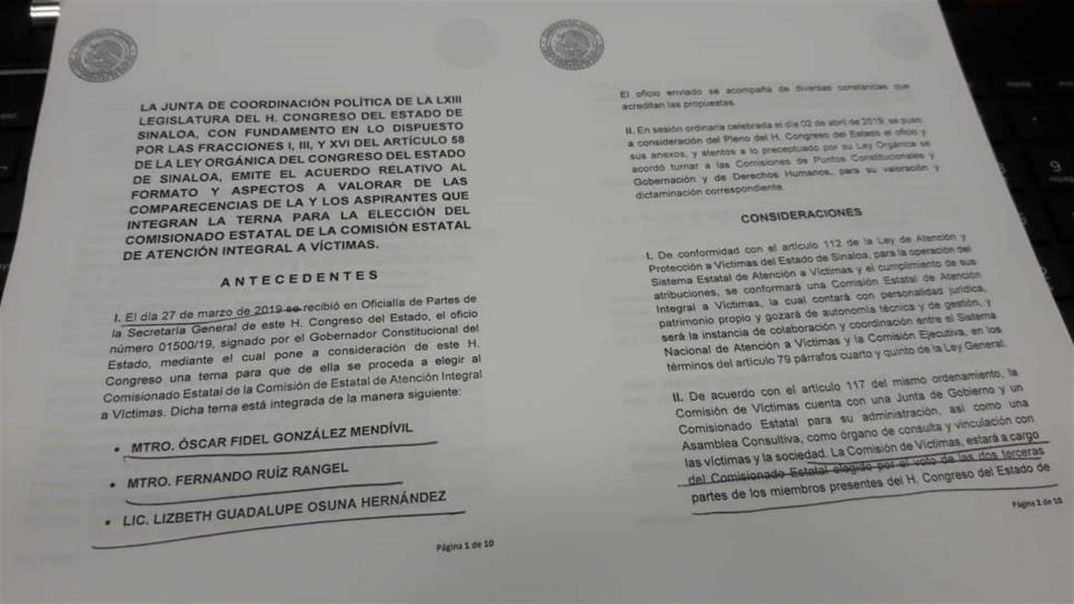 Acuerda Congreso comparecencia de aspirantes a la Comisión Integral de Víctimas