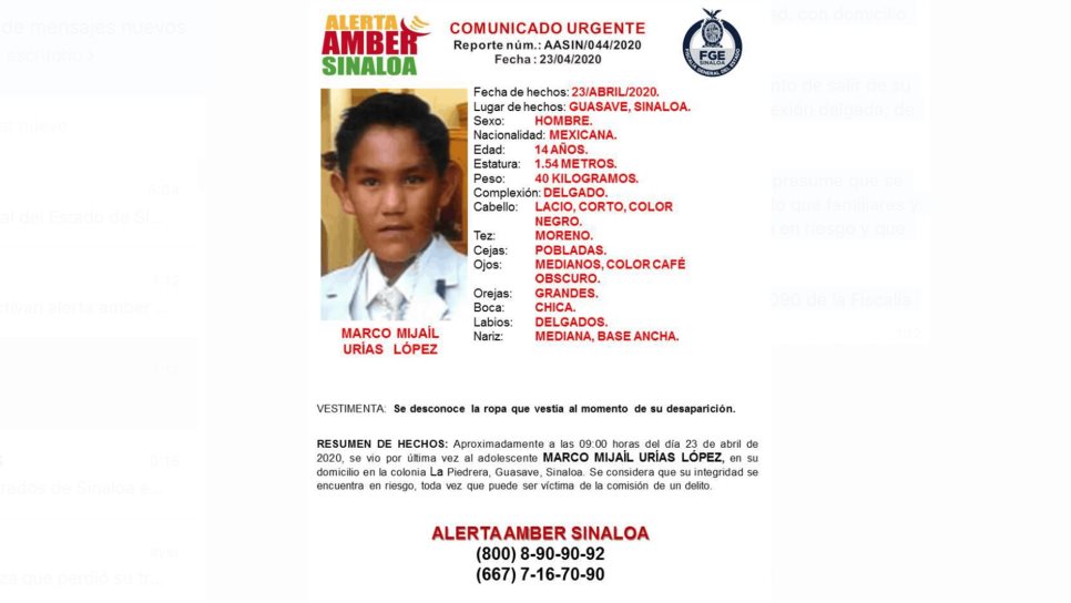 Activan Alerta Amber por un menor de Guasave