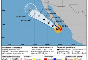 Huracán Genevieve se ubica a 115 km al oeste de Cabo San Lucas, BCS