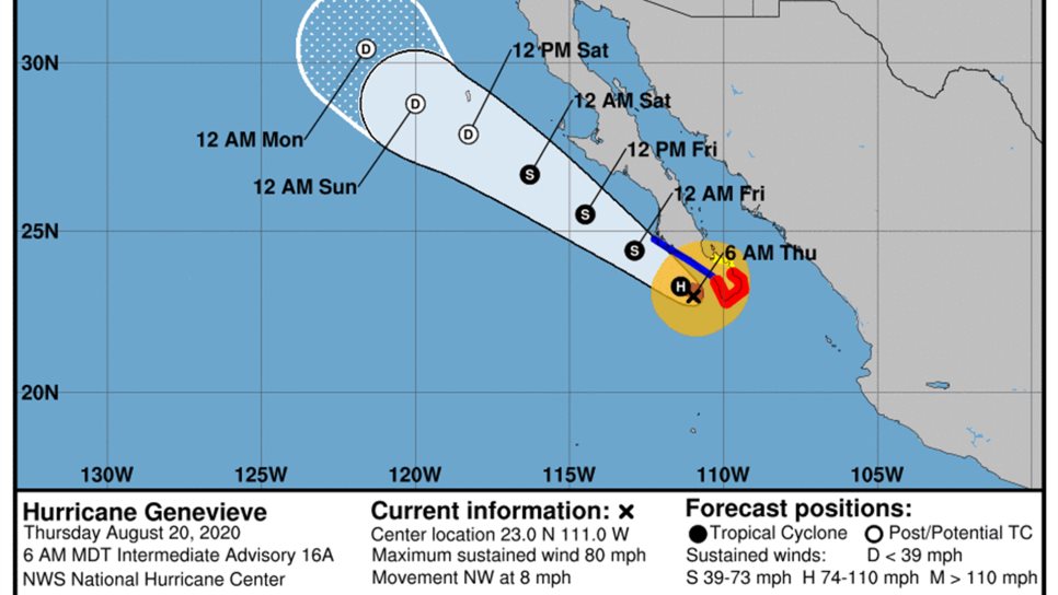 Huracán Genevieve se ubica a 115 km al oeste de Cabo San Lucas, BCS