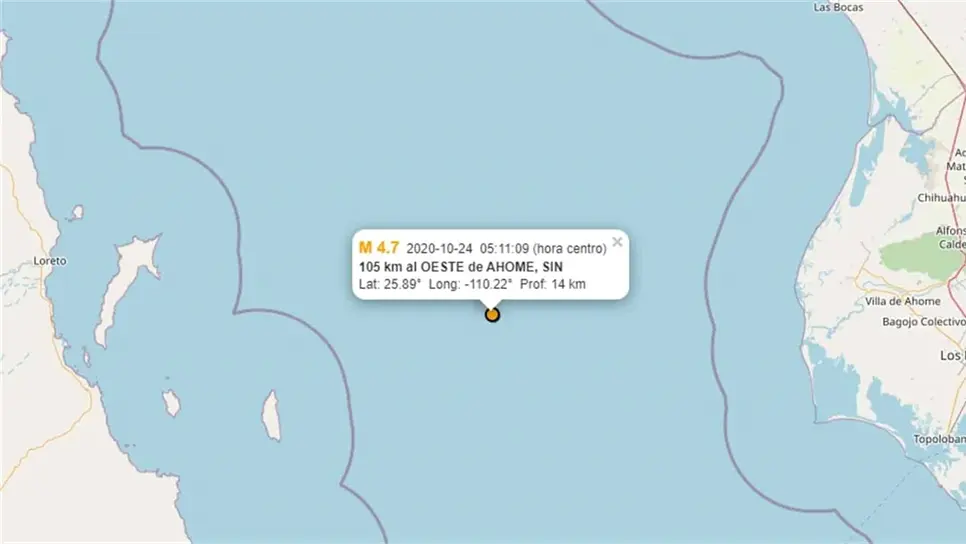 Se registra sismo al oeste de Ahome las primeras horas de este sábado