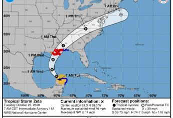 Zeta llegará a la costa de EU con vientos de 100 millas por hora