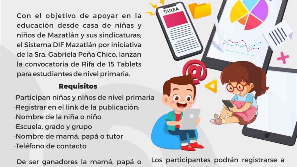 Convoca DIF Mazatlán a niñas y niños de primaria a Rifa Virtual de 15 tablets