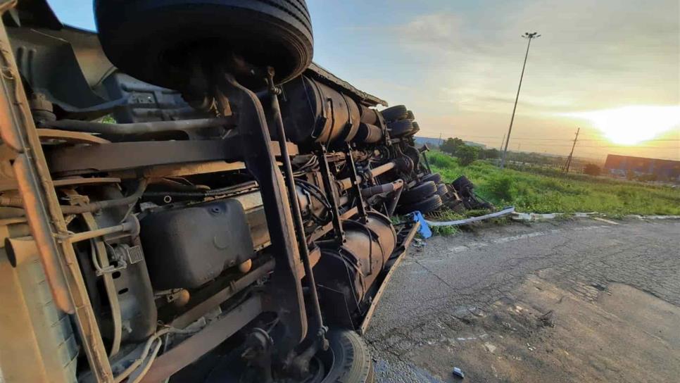 Vuelca tráiler cargado de cartón en el campo El Diez