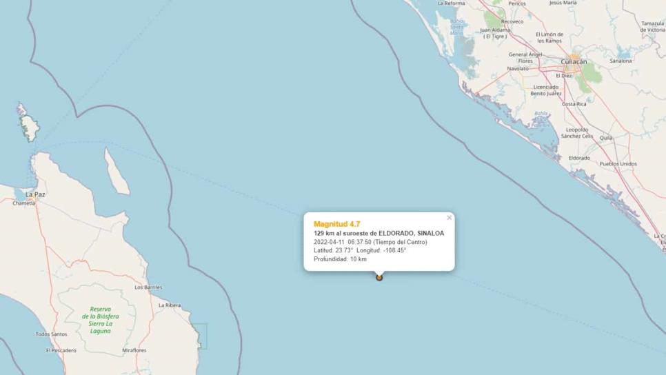 Se registra sismo de M4.7 frente a costas de Eldorado