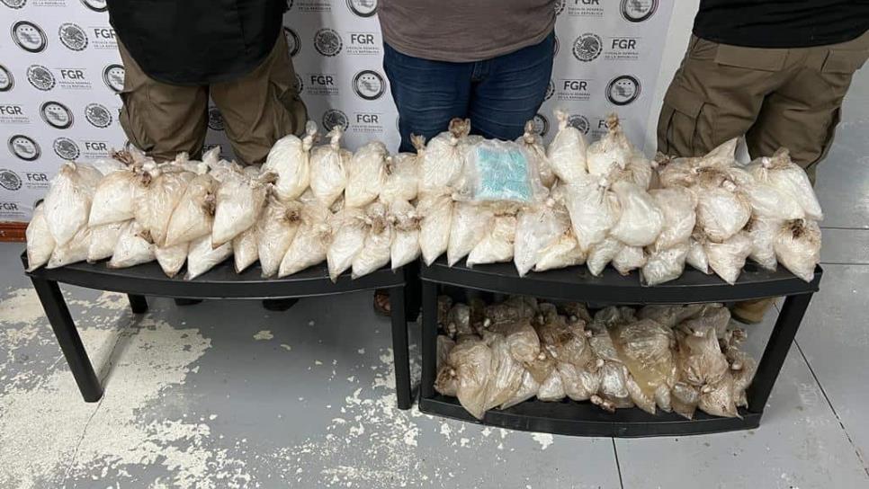 FGR asegura 45 kilos de metanfetamina y 10 mil pastillas de fentanilo en doble fondo de camioneta