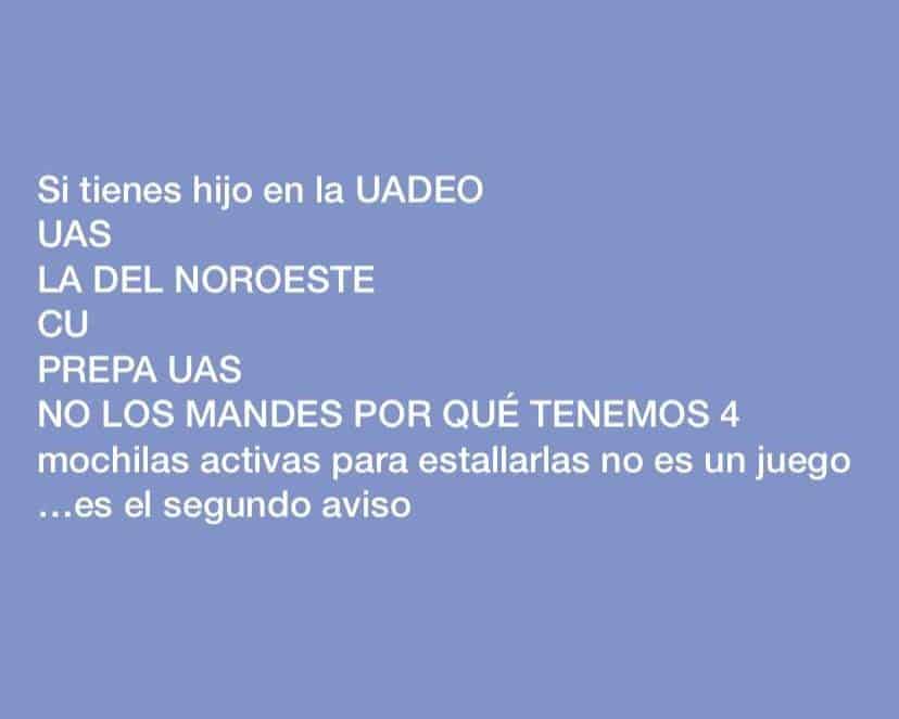 Amenaza de «mochilas bomba» alerta a estudiantes en Los Mochis