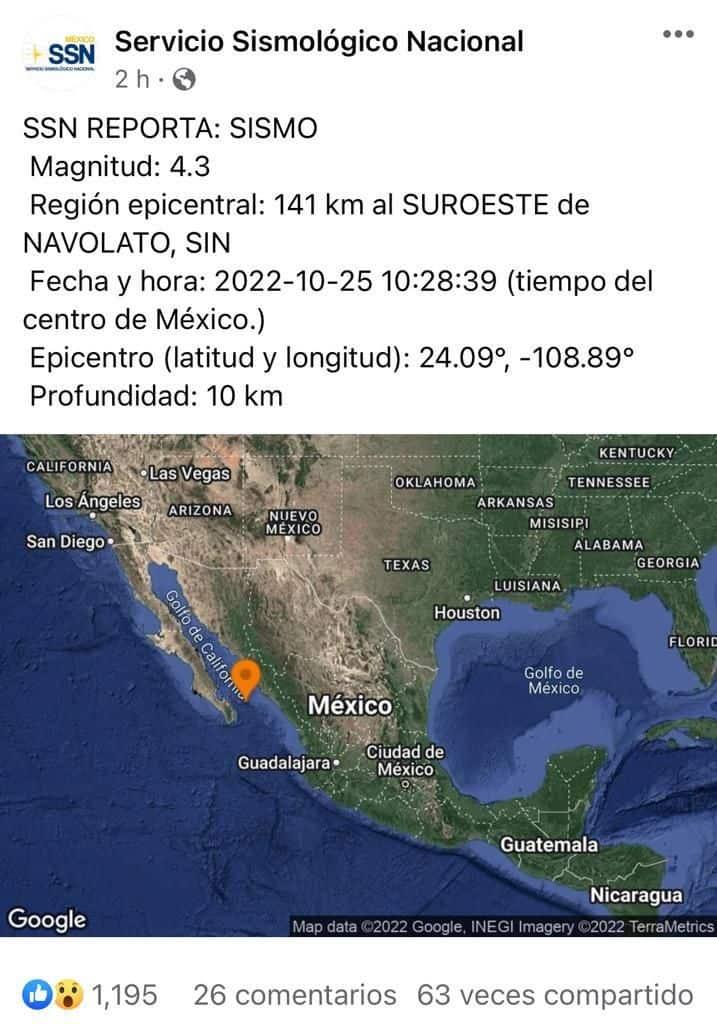 ¿Lo sentiste? tiembla en Navolato; el sismo fue de 4.3 grados