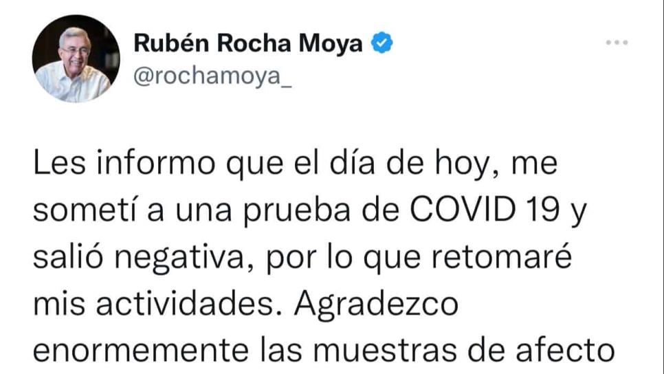 Rocha Moya está libre de Covid-19; prueba PCR dio negativo