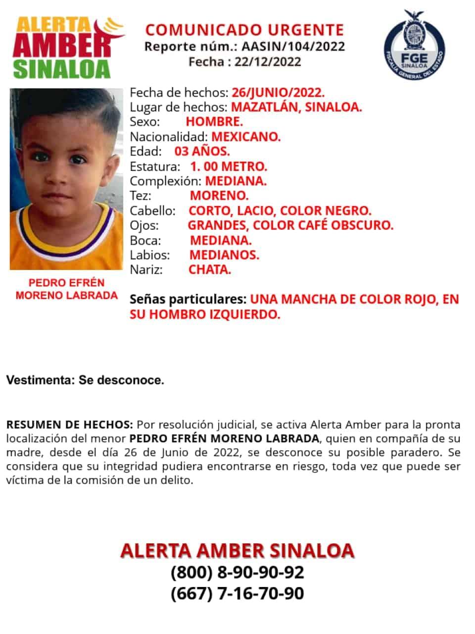 Fiscalía activa la Alerta Amber en busca del pequeño Pedro Efrén, de solo 3 años