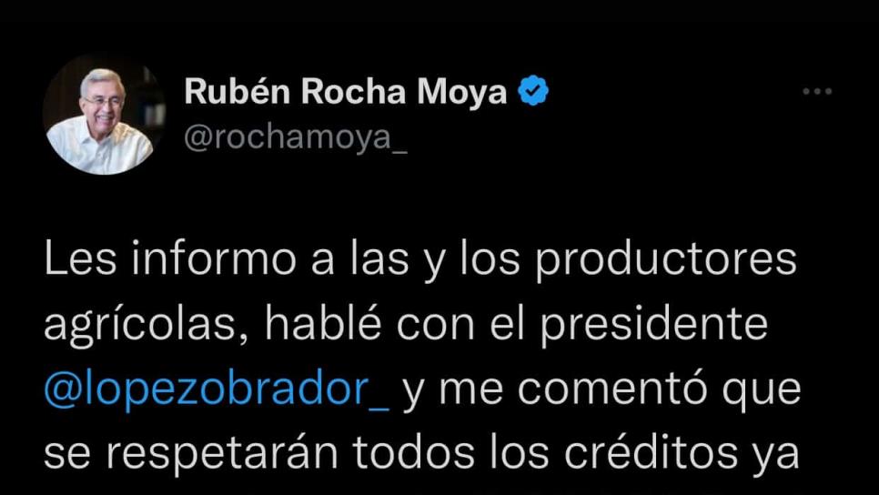 Rocha Moya asegura se respetarán los créditos de financiera para productores sinaloenses