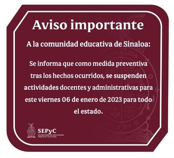 SEPyC suspende actividades para docentes y administrativos en Sinaloa
