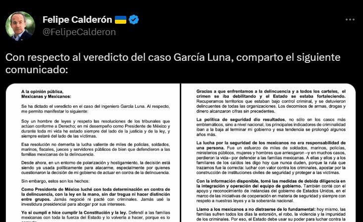 Felipe Calderón emite comunicado tras el veredicto de García Luna