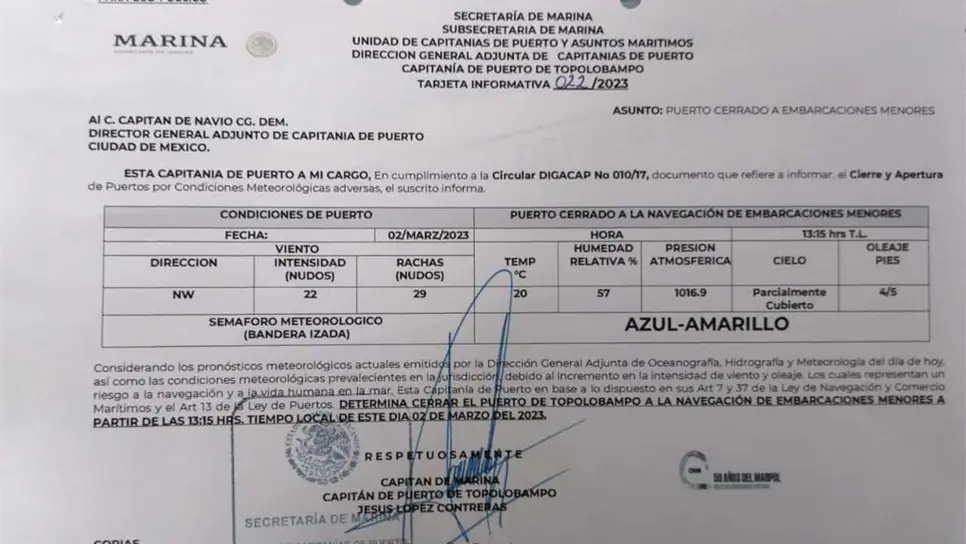 Cierran puerto de Topolobampo a la navegación. FOTO: Luz Noticias