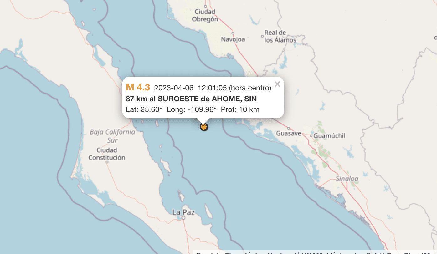 Sismo de M4.3 se registra cerca de Los Mochis