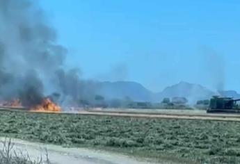 Trilladora sufre cortocircuito y se incendia en Jahuara; el fuego se propagó a unas parcelas de trigo 