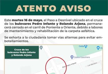 Por labores de mantenimiento, permanece cerrado un carril de los bulevares Pedro Infante y Rolando Arjona en Culiacán