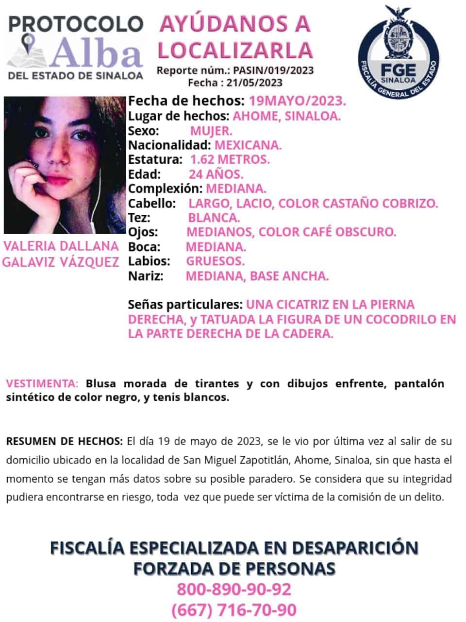 Emiten alerta Amber en Ahome para localizar a la joven Valeria Galaviz