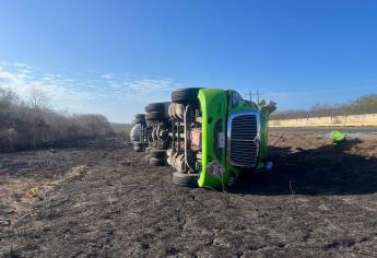Camión vuelca en la maxipista Mazatlán-Culiacán y derrama combustible