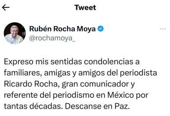 Gobernador de Sinaloa expresa sus condolencias por el fallecimiento del periodista Ricardo Rocha 