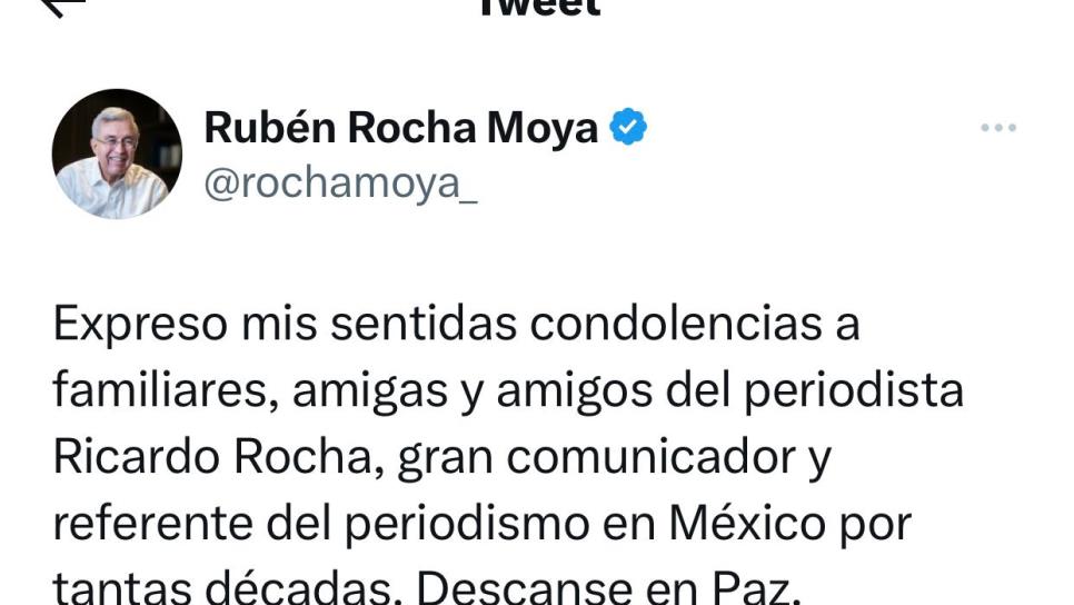 Gobernador de Sinaloa expresa sus condolencias por el fallecimiento del periodista Ricardo Rocha 