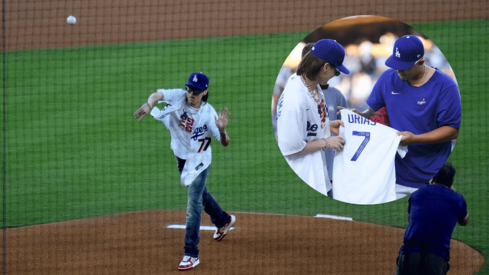 Peso Pluma throws first pitch to Julio Urias at Dodgers game
