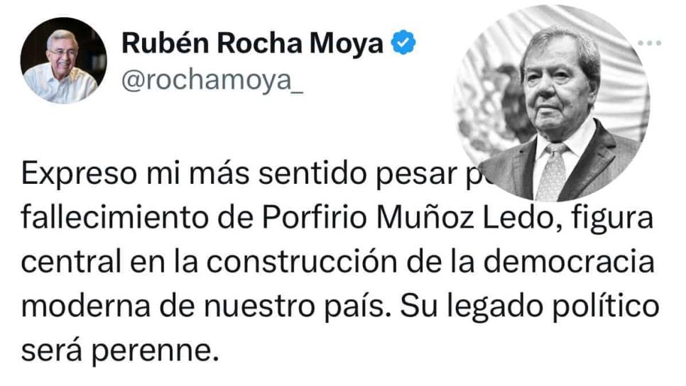 Rocha Moya lamenta el fallecimiento del político de izquierda Porfirio Muñoz Ledo