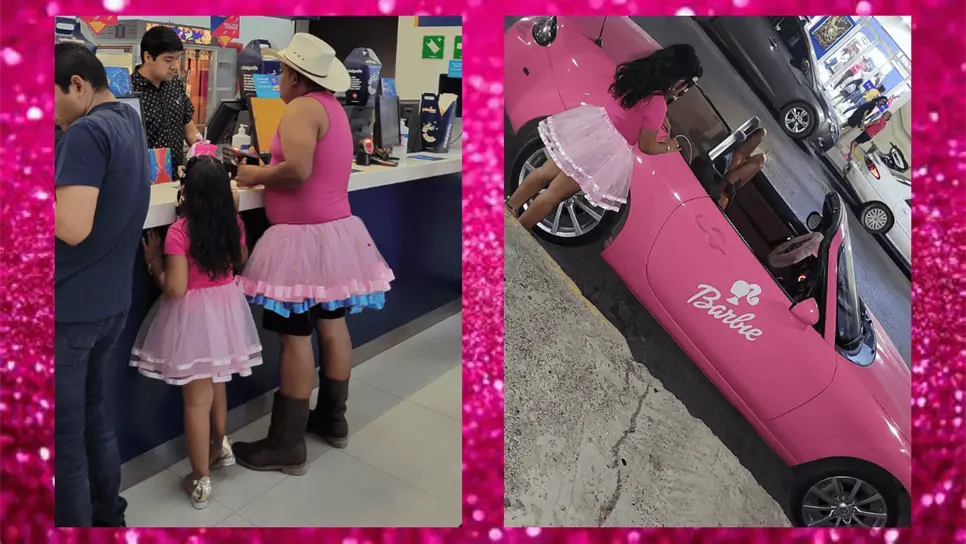 Padre de familia acude al estreno de Barbie con el mismo atuendo de su hija. FOTO: Luz Noticias