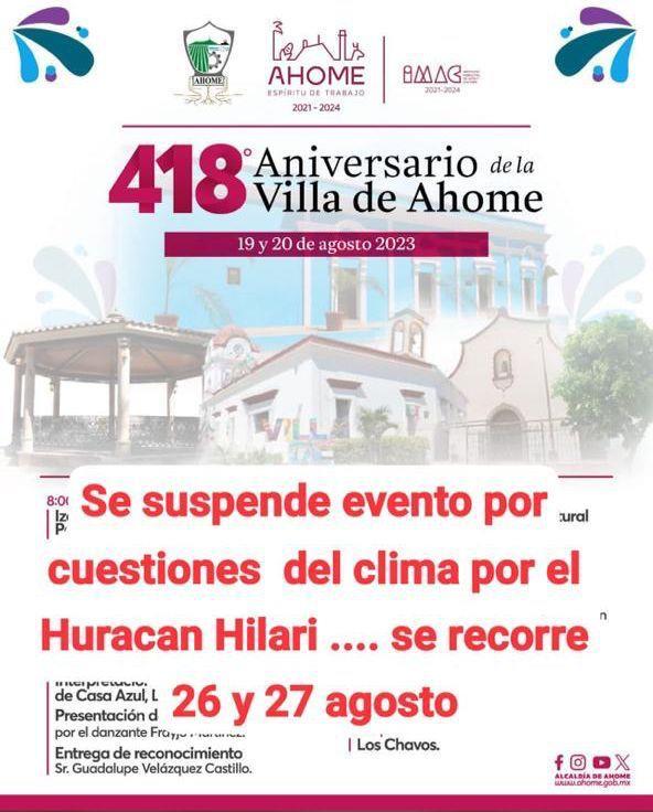 Debido a «Hilary», posponen celebración del 418 aniversario de la Villa de Ahome 