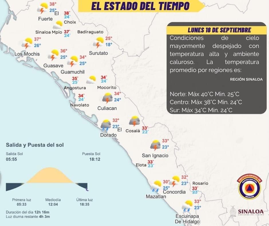 Lluvias y descargas eléctricas en Sinaloa para este lunes 18 de septiembre