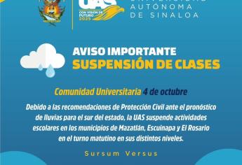 Suspende UAS actividades en Mazatlán, El Rosario y Escuinapa por lluvias 