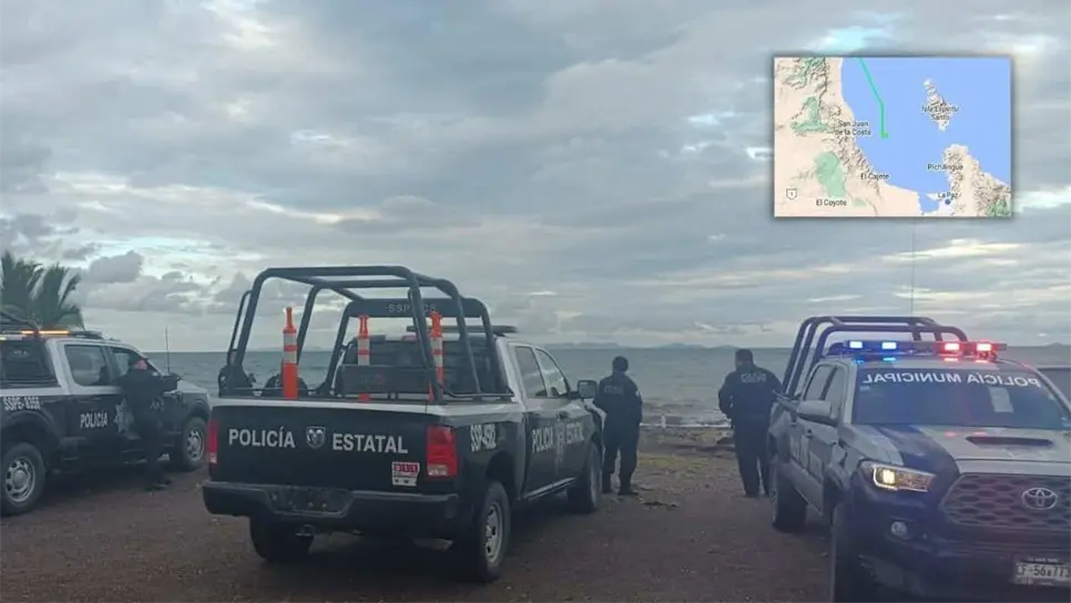 Elementos policiacos en San Juan de la Costa, BCS en el operativo de búsqueda. FOTO: PC BCS