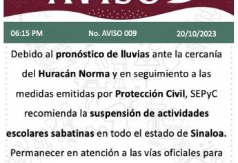 Por el huracán Norma se suspenden las clases sabatinas en Sinaloa: SEPyC