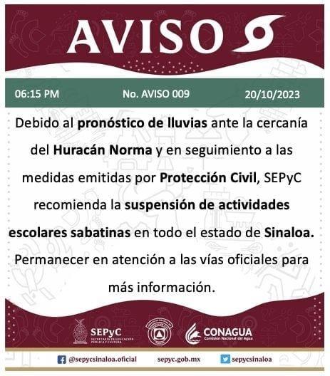 Por el huracán Norma se suspenden las clases sabatinas en Sinaloa: SEPyC