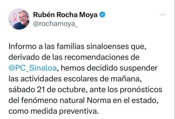 Por huracán «Norma» se suspenden las clases este sábado 21 de octubre en Sinaloa