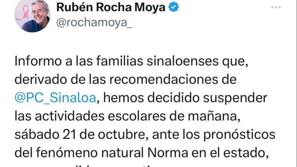 Por huracán «Norma» se suspenden las clases este sábado 21 de octubre en Sinaloa