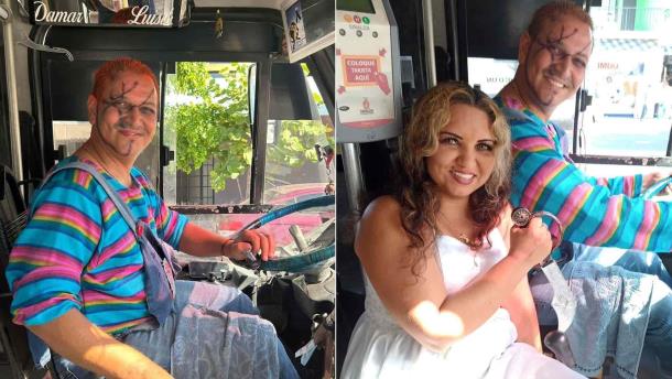 Camionero en Mazatlán se viste de Chucky y se gana el cariño de los pasajeros