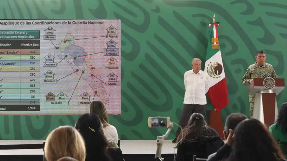 El Secretario de la Defensa en la conferencia Matutina desde Culiacán. FOTOS: Martín Ruiz