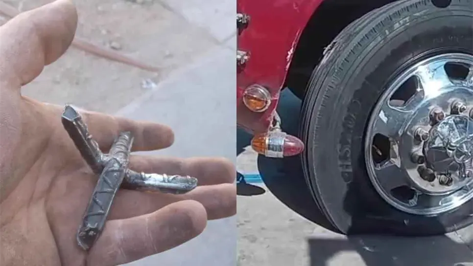 Tronado quedó un camión al agarrar varias poncha llantas en Culiacán 