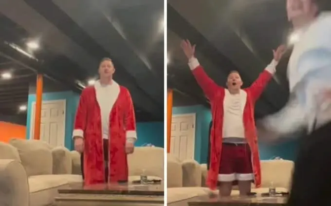 El joven al momento de celebrar su pronóstico y cobrar el jugoso cheque.