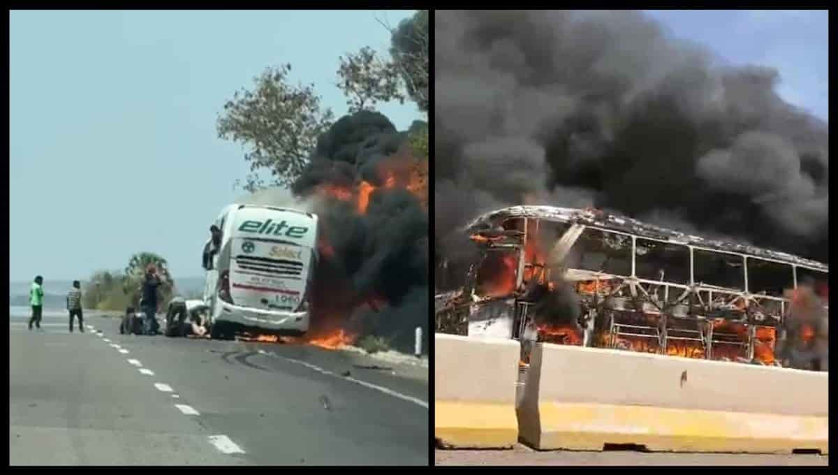 El camión ardiendo en llamas.