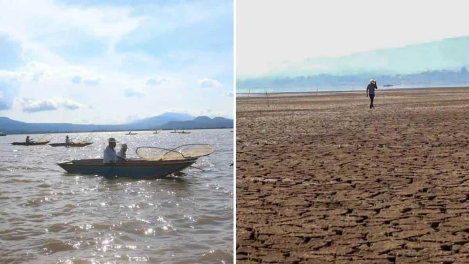 Antes y después del Lago de Pátzcuaro, gravemente afectado por la sequía