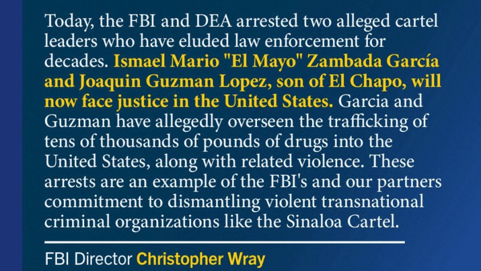 FBI destaca el arresto del «Mayo» Zambada en conjunto con la DEA